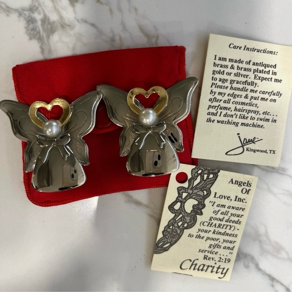1993 Signed TwoTone Silver Gold HEART Angel Butterfly Earrings Jane Kingwood - Picture 2 of 7